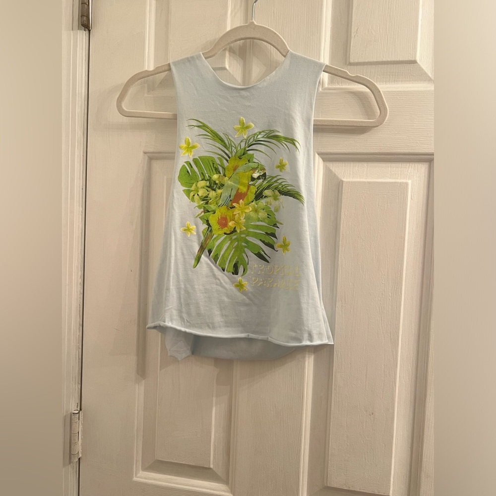Size medium light blue tropical paradise parrot bird cut off muscle tee tank top
